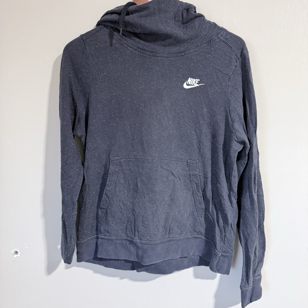 Nike Hoodie Women Medium Black Hooded Sweatshirt Pocket Swoosh Cowl Neck Sweater